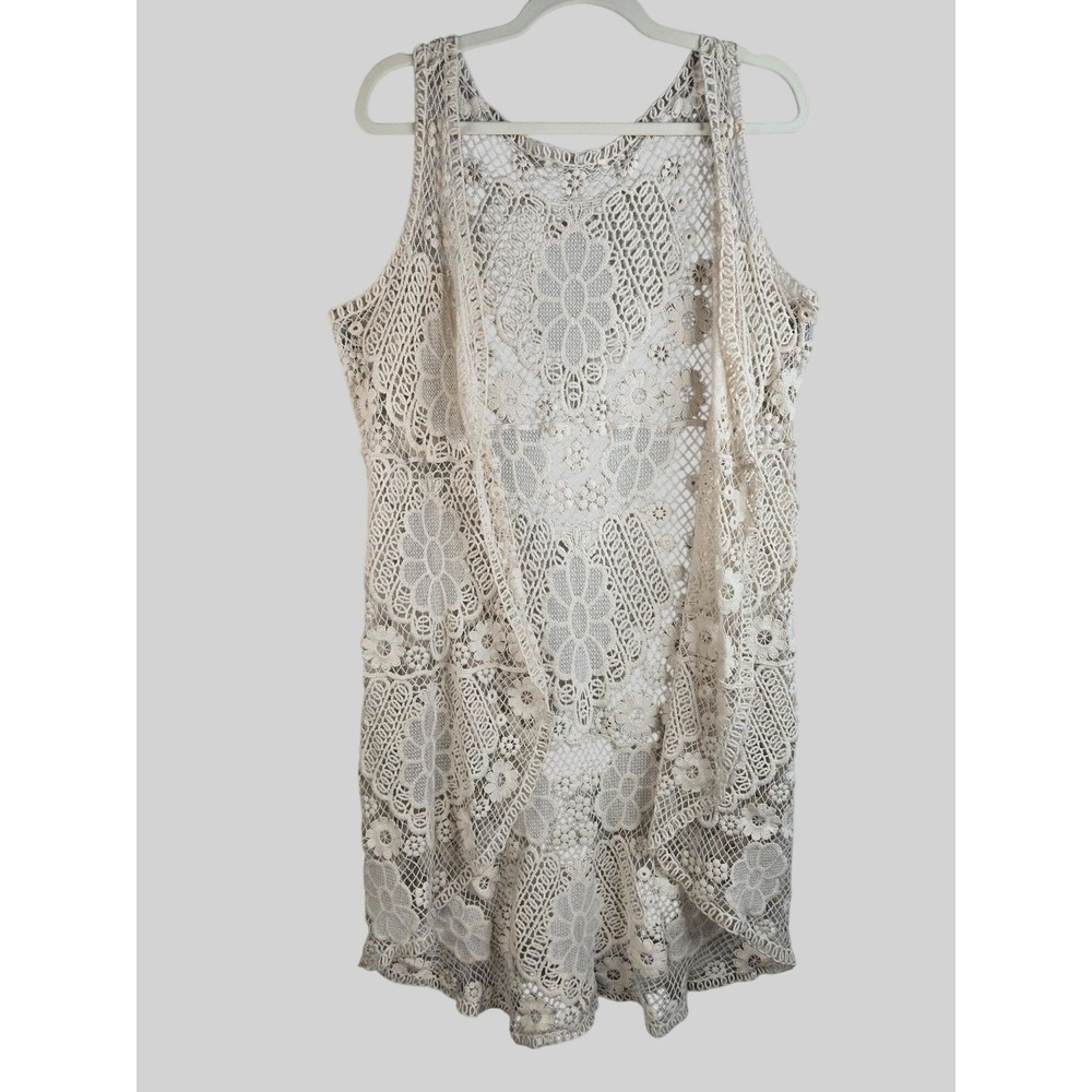 Cream Floral Crochet Cardigan Open Knit Sleeveless Kimono Boho Festival Cover Up